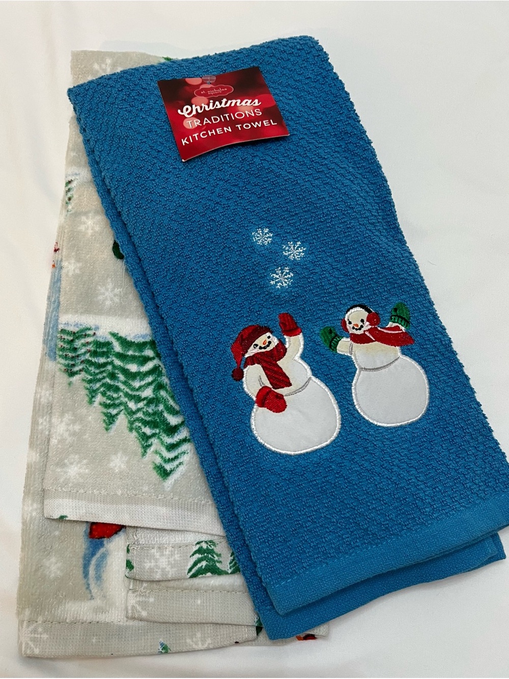 Holiday Matching Set of 2 NWT Winter Snowman Blue Kitchen Hand Towels